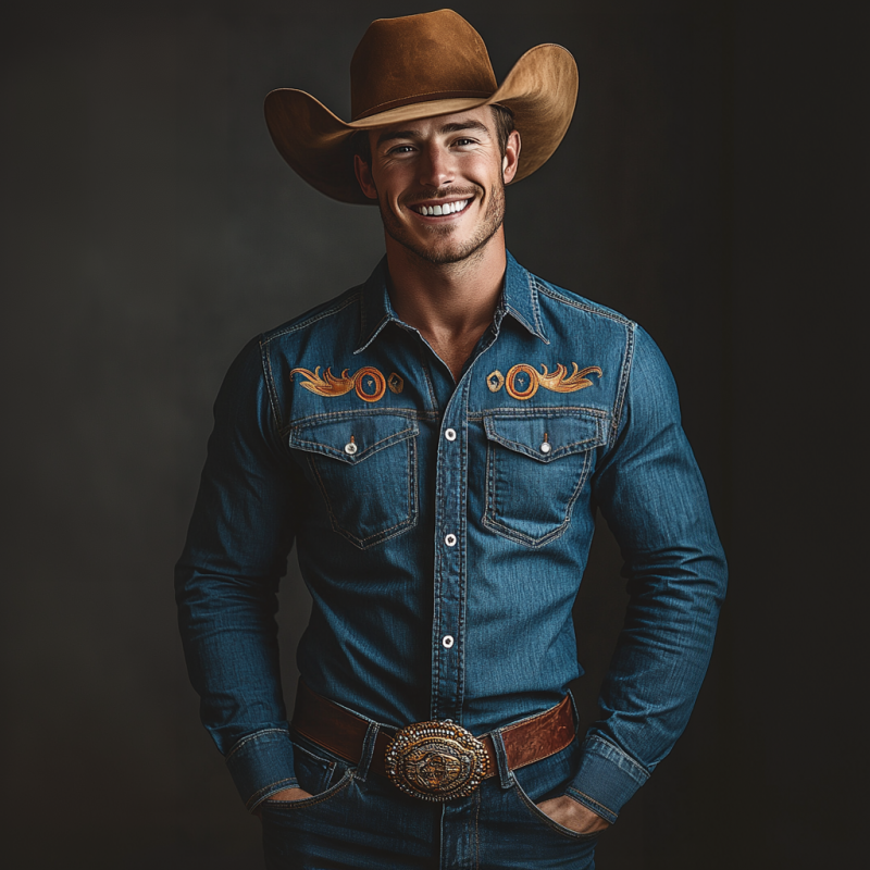Men's Vintage Western Cowboy Lapel Chest Pocket Embroidery Washed Denim Long Sleeve Shirt MTA2848D5M