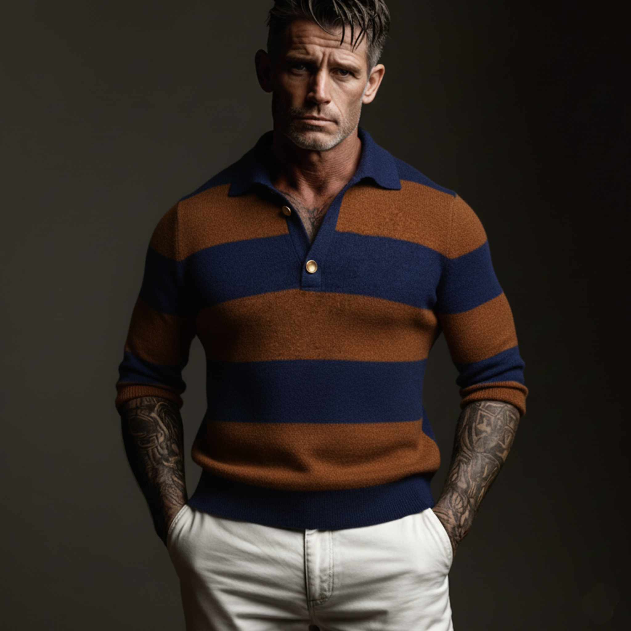 Men's Classic Casual Color-blocked Striped Polo Collar Slim Fit Sweater MTA0752K1K