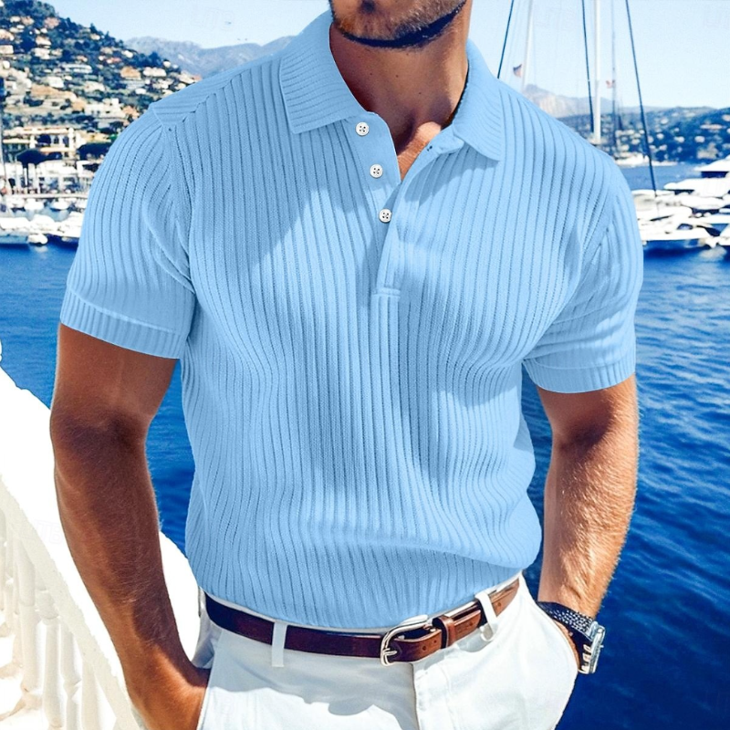 Men's Casual Solid Color Soft Knit Lapel Slim Short Sleeve Polo Shirt Sweater MTA0671E1M