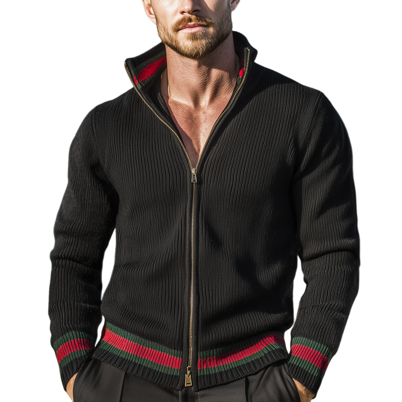 Men's Classic Color-block Stand-up Collar Zip-up Knit Cardigan MTA2587I9U