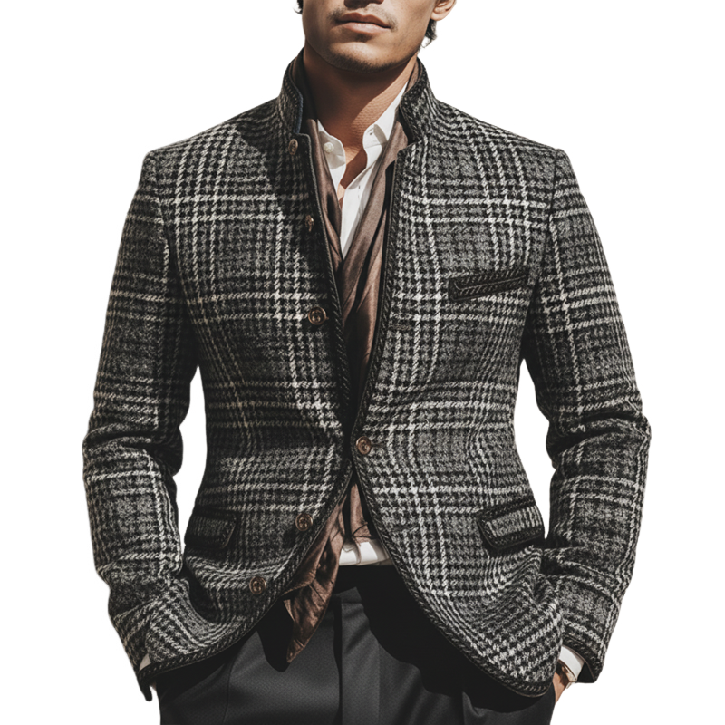 Men's Urban Gray Plaid Stand Collar Button Slim Fit Jacket MTA2472K8U