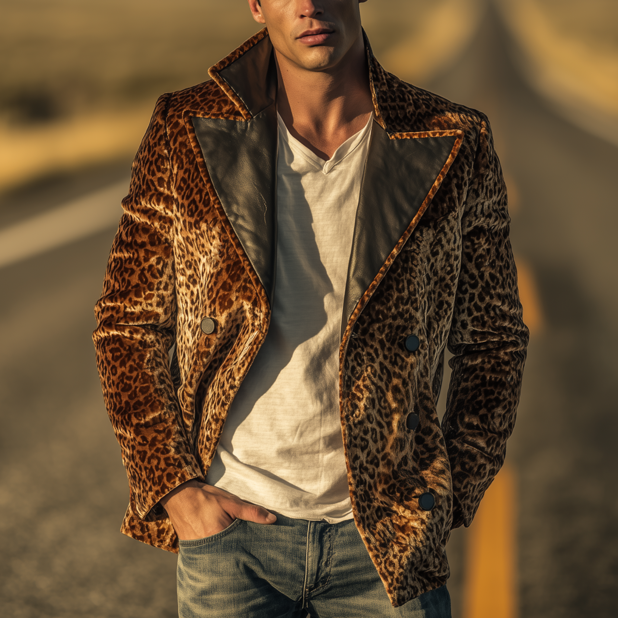 Men's Classic Vintage Pu Leather Lapel Double-breasted Velvet Leopard Print Jacket MTA0345I6K