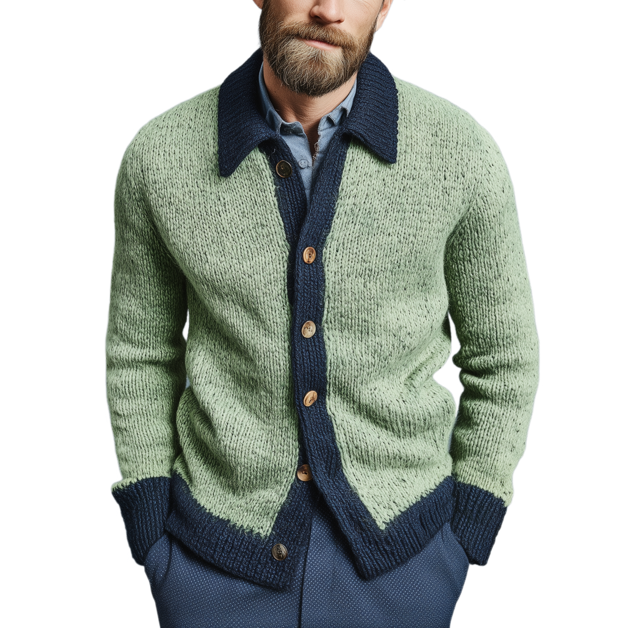 Men's Classic Casual Lapel Green And Navy Blue Knitted Cardigan MTA2669I3K