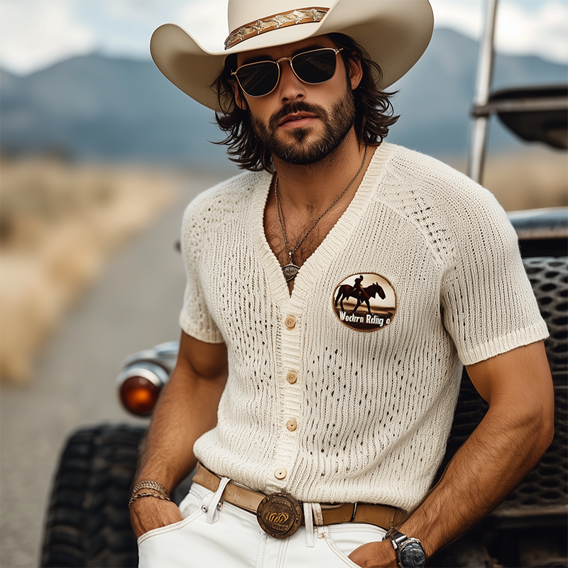 Men's Spring And Summer Fashion Casual Western Cowboy Style Thin Knitted Embroidered Short-sleeved Shirt MTA1599E8K