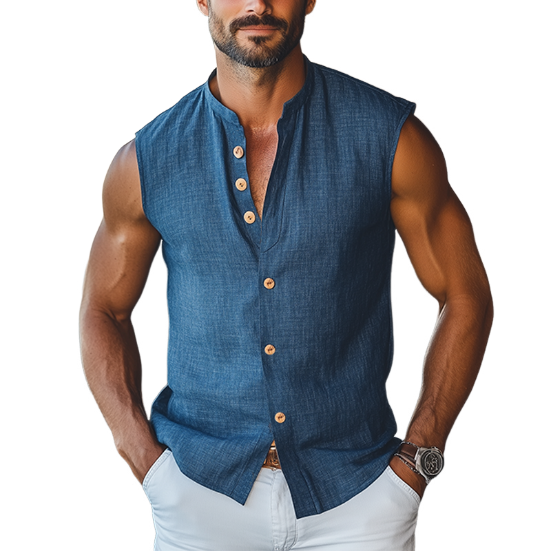 Men's Classic Casual Stand Collar Slim Fit Cotton And Linen Wooden Button Sleeveless Shirt MTA0414F2K