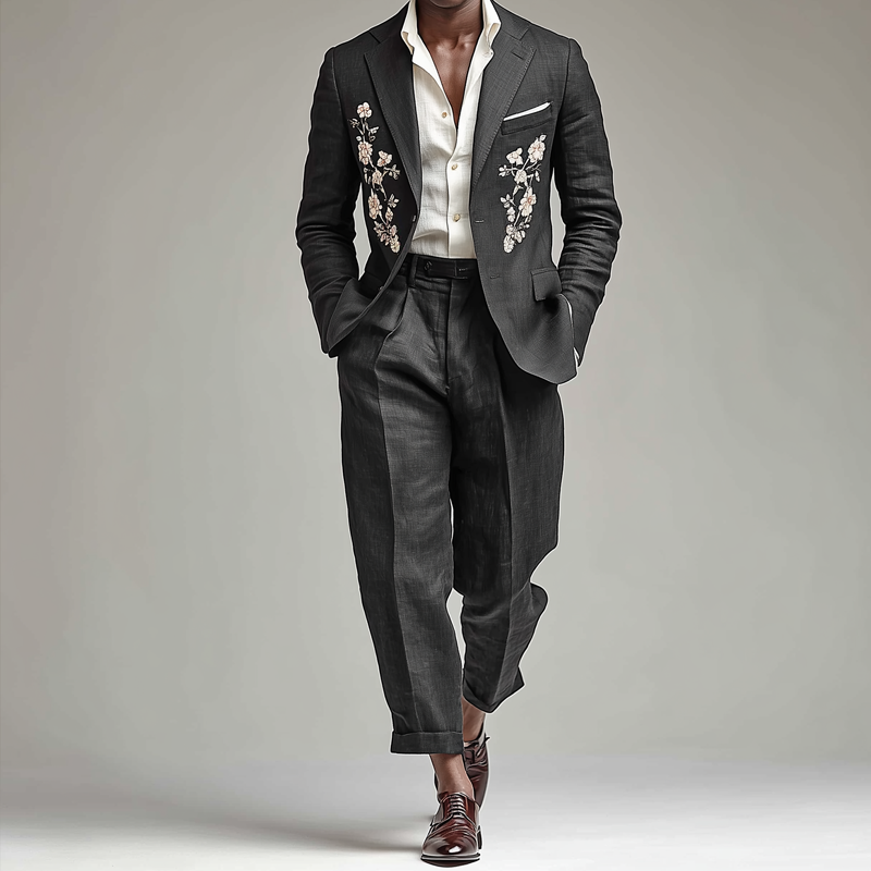 Men's Retro Casual Cotton Linen Embroidered Blazer Two-Piece Set MTZ0406B4TO