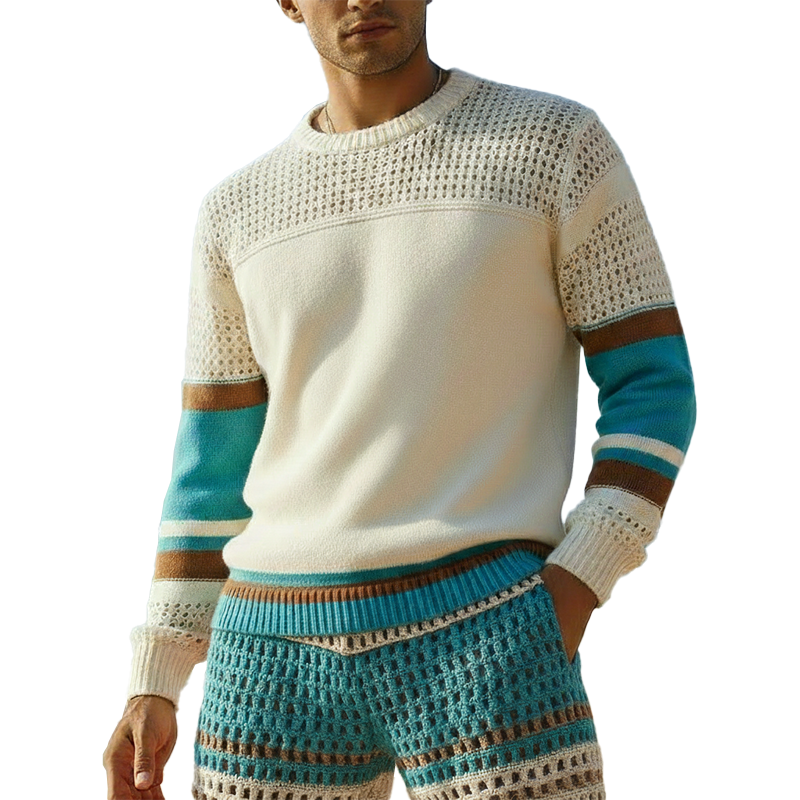 Men's Spring Fashion Cotton Yarn Knitted Hollow-out Long-sleeve Crew Neck Sweater MTZ2346A6P