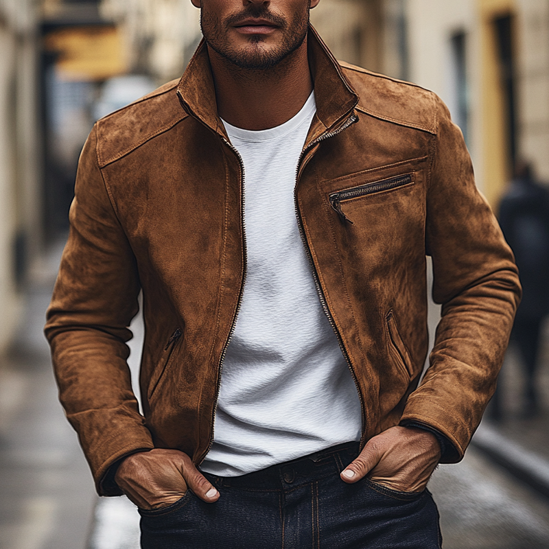 Men's Vintage Suede Lapel Zipper Slim Fit Jacket MTA1834H9X