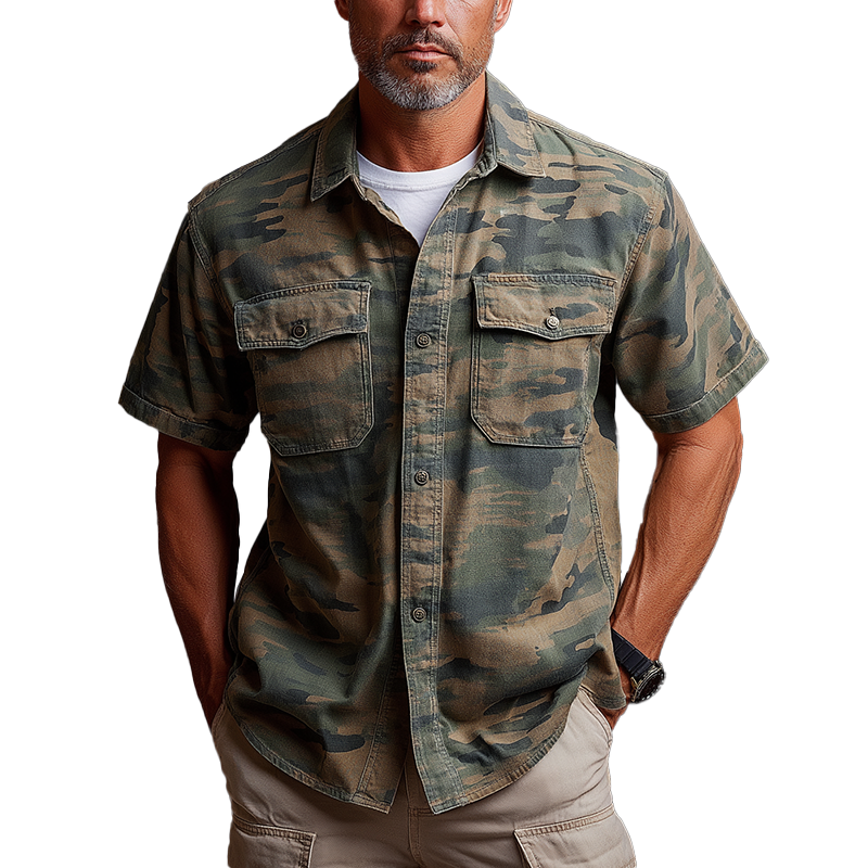 Men's Summer Fashion Camouflage Washed Denim Short Sleeve Shirt MTA0564F8P