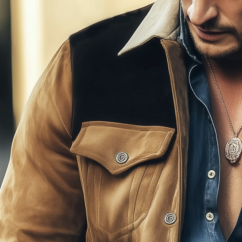Men's Spring And Autumn Retro Colorblock Suede Jacket MTA2764H1U