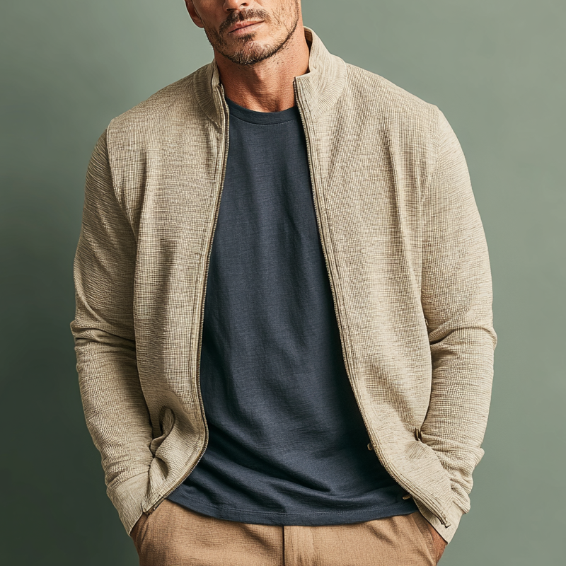 Men's Solid Color Wool Zipper Stand Collar Knitted Cardigan MTA2741J6X