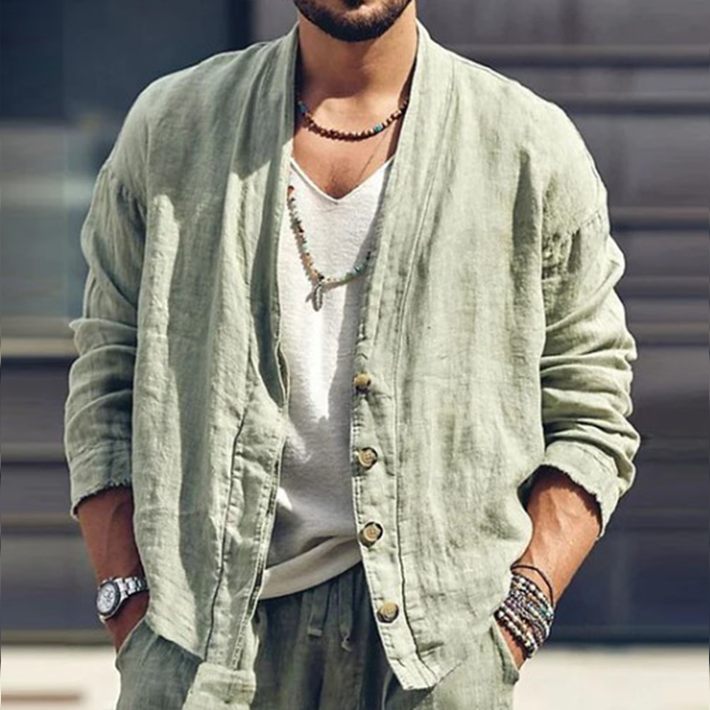 Men's Solid Color Cotton And Linen Long-Sleeved Cardigan MTA2307G0P