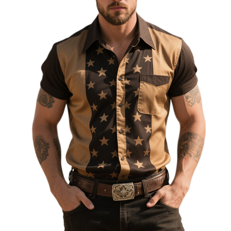 Herreskjorte med korte ermer og stjernetrykk i cowboystil i retro-stil, casual og vestlig stil, MTA1667E0TO