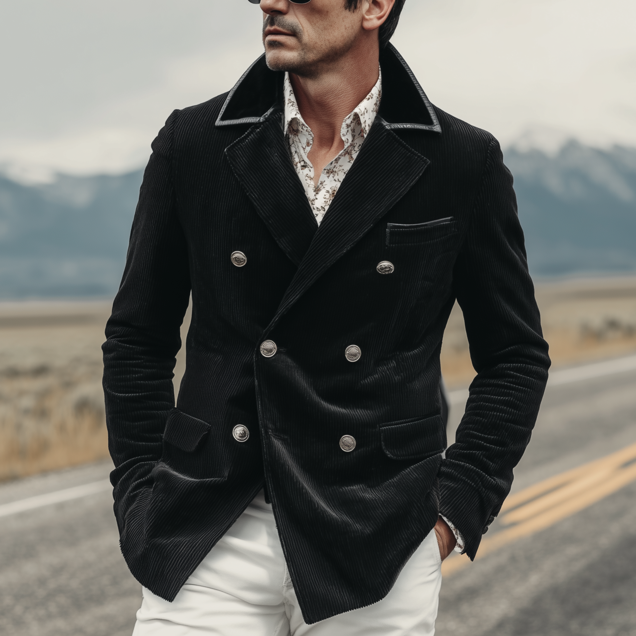 Men's Classic Retro Corduroy Double-breasted Collar Spliced PU Leather Slim-fit Blazer MTA1230H5K