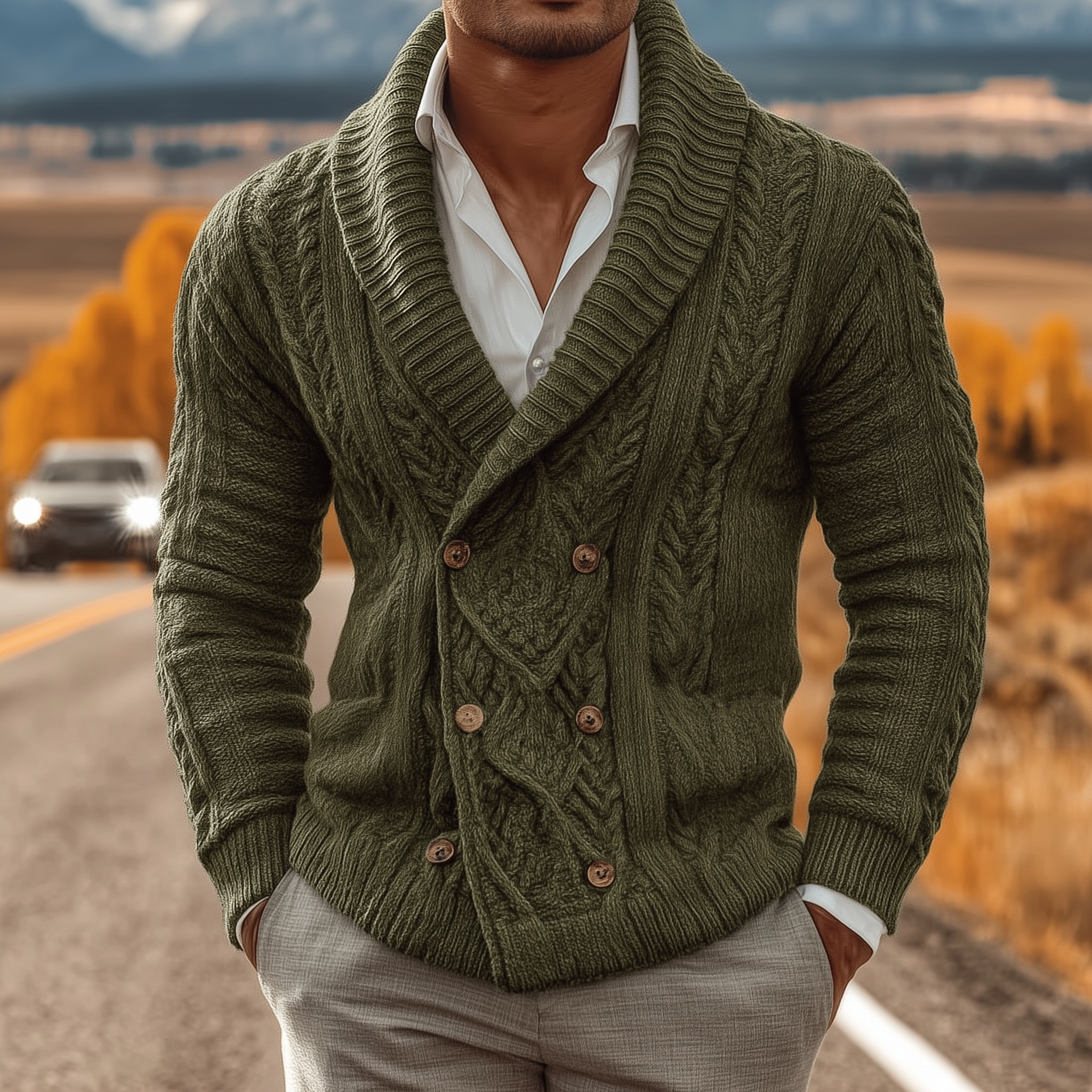 Men's Classic Casual Shawl Collar Double-breasted Slim Fit Knitted Cardigan MTA0856I5K