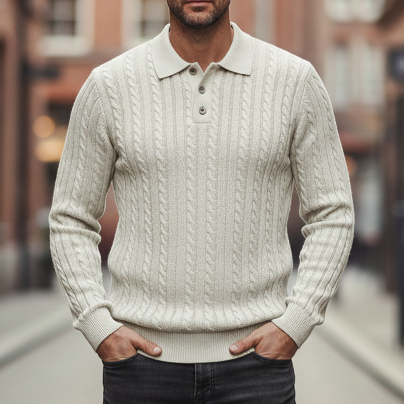 Men's Cable Knit Solid Lapel Pullover Sweater MTA1071I1X