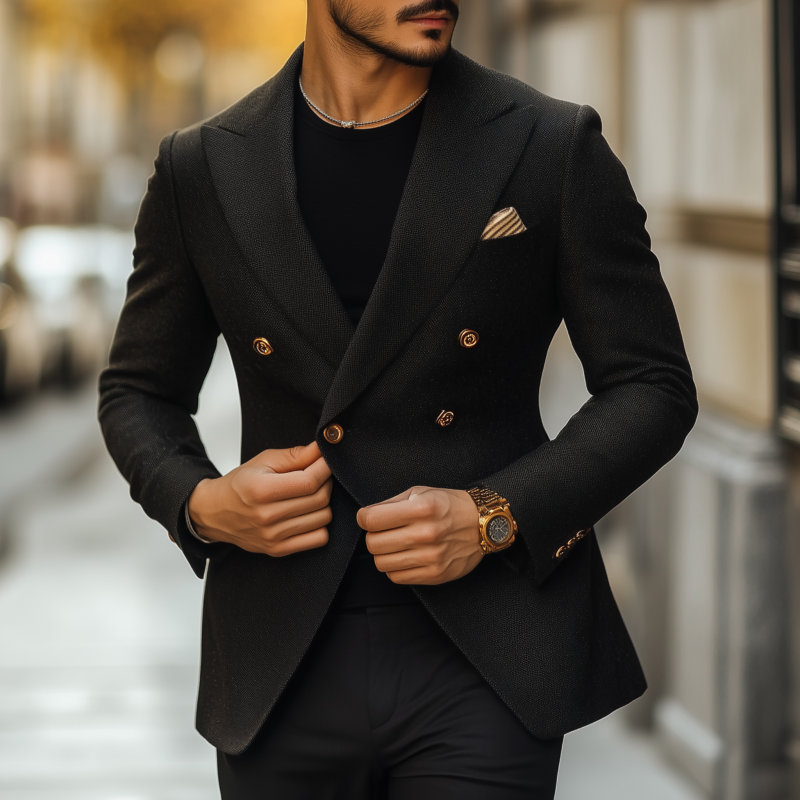 Men's Vintage Solid Color Cotton Blend Peaked Lapel Double Breasted Slim Fit Blazer MTA2510G9M