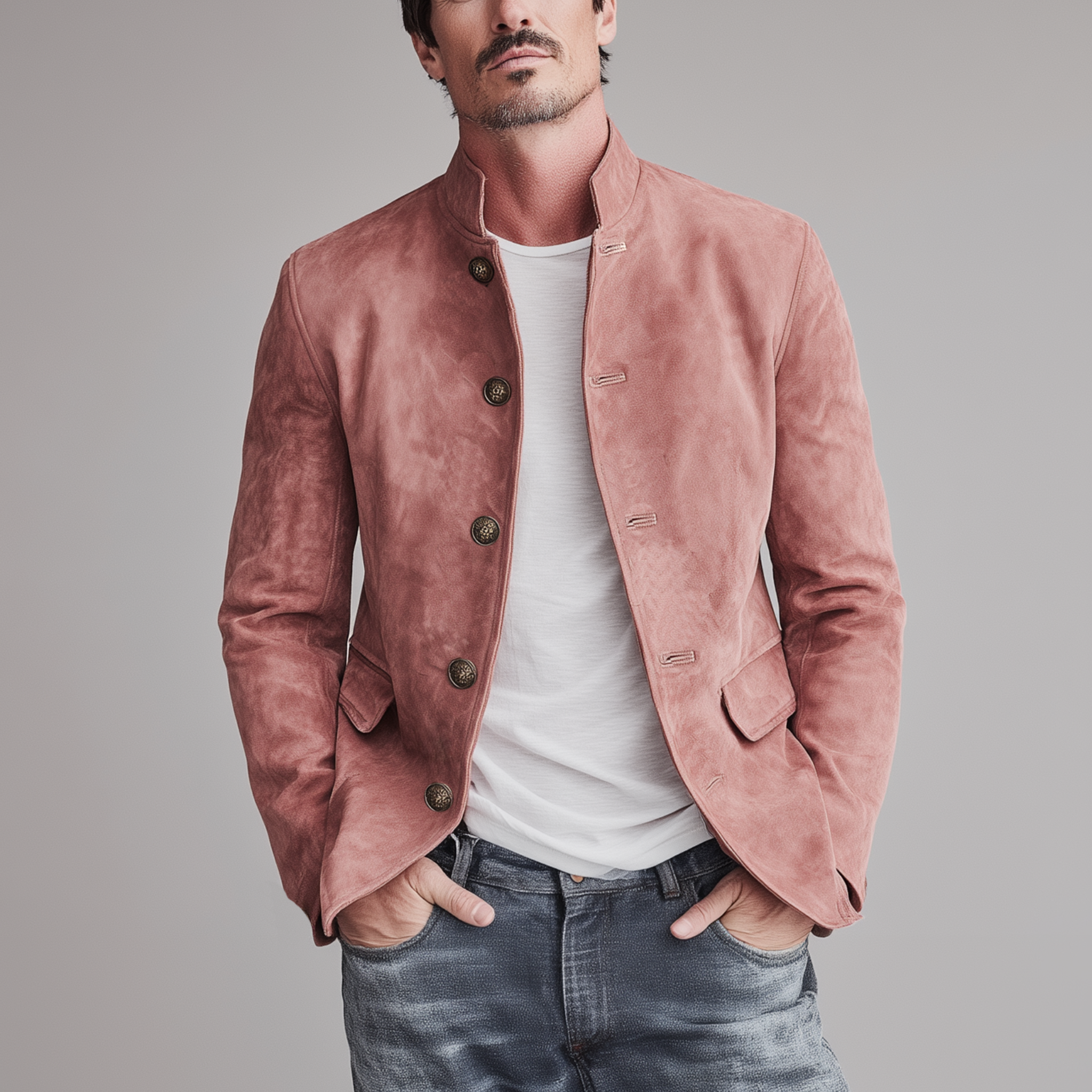 Men's Classic Retro Stand Collar Pink Suede Slim Jacket MTA2272H9K