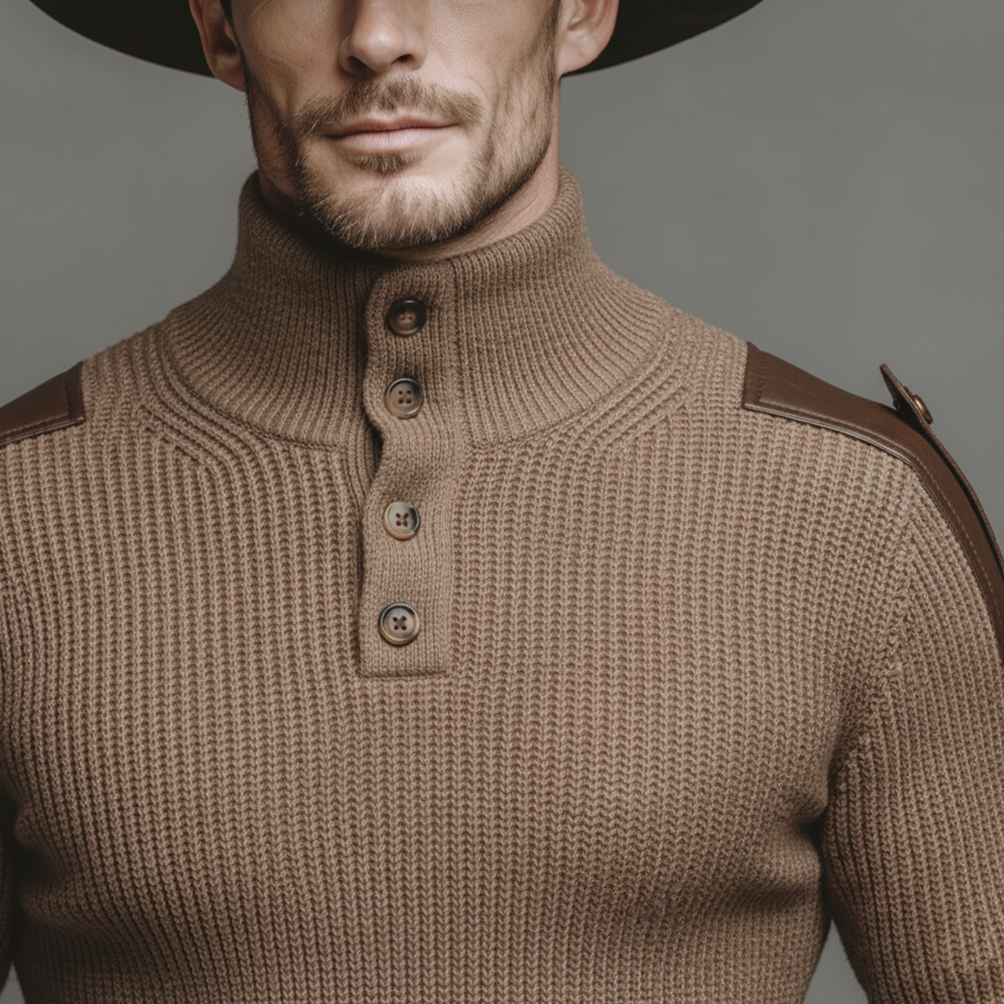 Men's Classic Retro Western Style PU Leather Epaulette Stand Collar Slim Fit Sweater MTA3037K3K