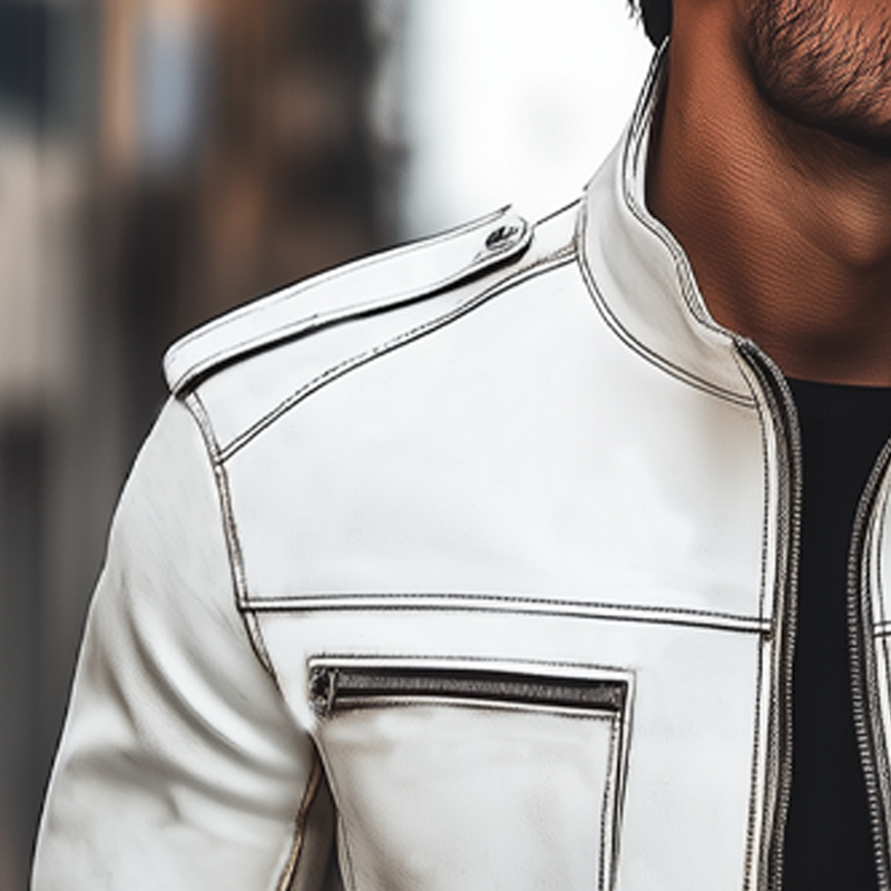 Men's Retro Stand Collar White Zipper PU Leather Jacket MTA0476I6U