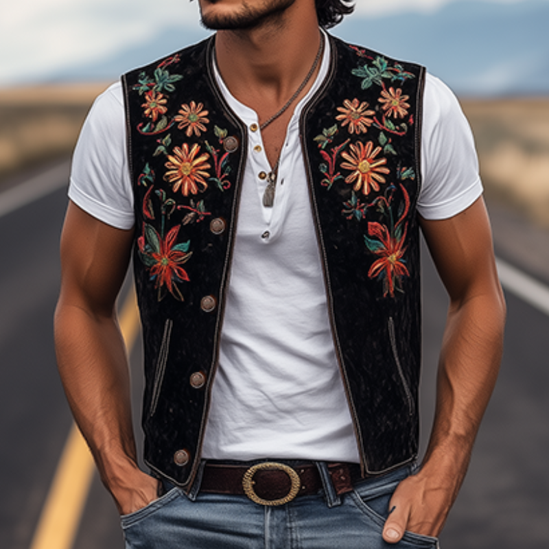 Klassisk retro vestlig cowboy-stil for menn, brodert semsket skinnvest 02667897K