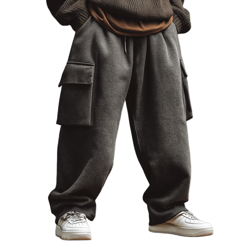 Men's Casual Dark Gray Cotton Blend Wide-leg Drawstring  Pants MTA3116J6U