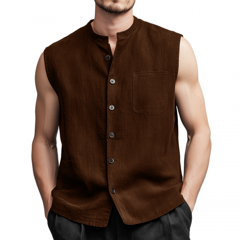 Men's Vintage Faux Suede Stand Collar Single Breasted Patch Pocket Loose Sleeveless Shirt MTA2519G2M