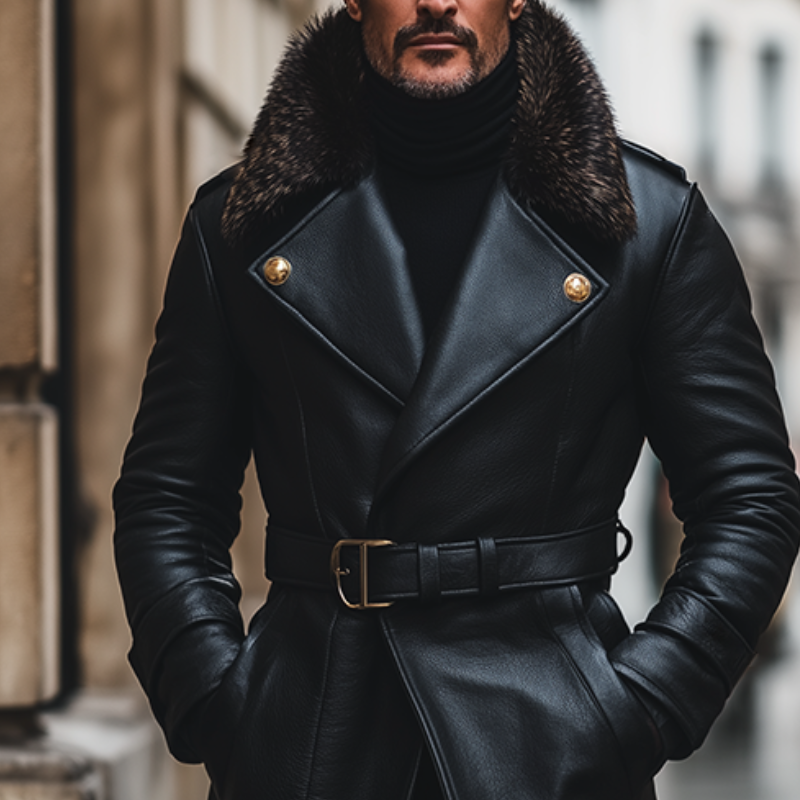 Men's Retro Casual Warm Fur Collar Faux Leather Long Coat MTA2269I4TO