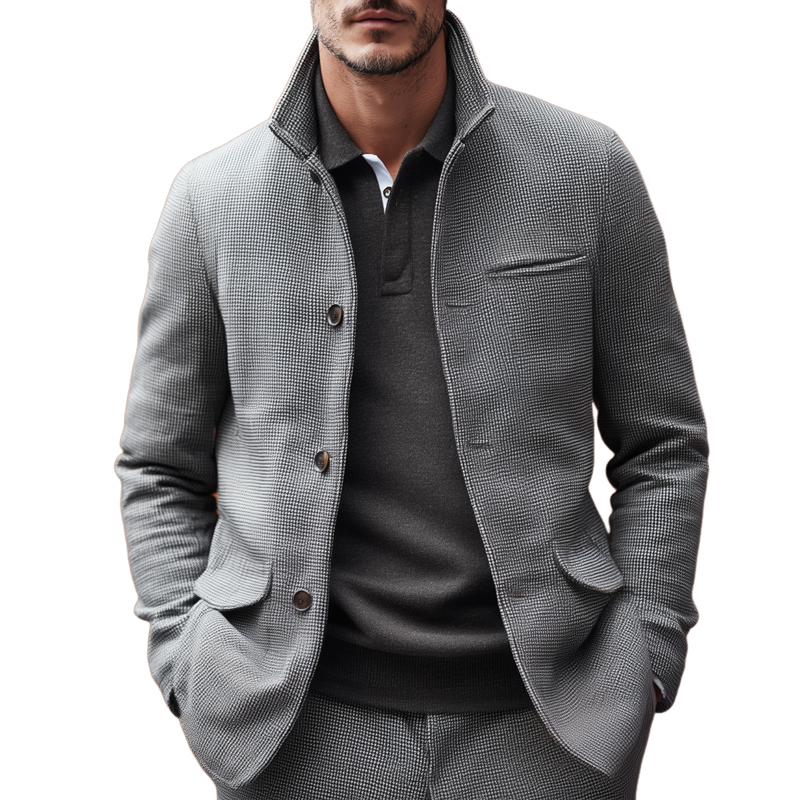 Men's Small Square Fabric Stand Collar Single Breasted Casual Jacket MTA2056H9Z