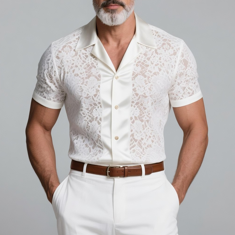 Men's Lace Stitching Satin Lapel Short Sleeve Shirt MTA2856G5Z