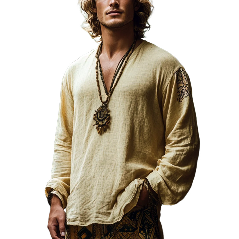 Men's Bohemian Print V Neck Long Sleeve Loose Fit Shirt 10839601Z