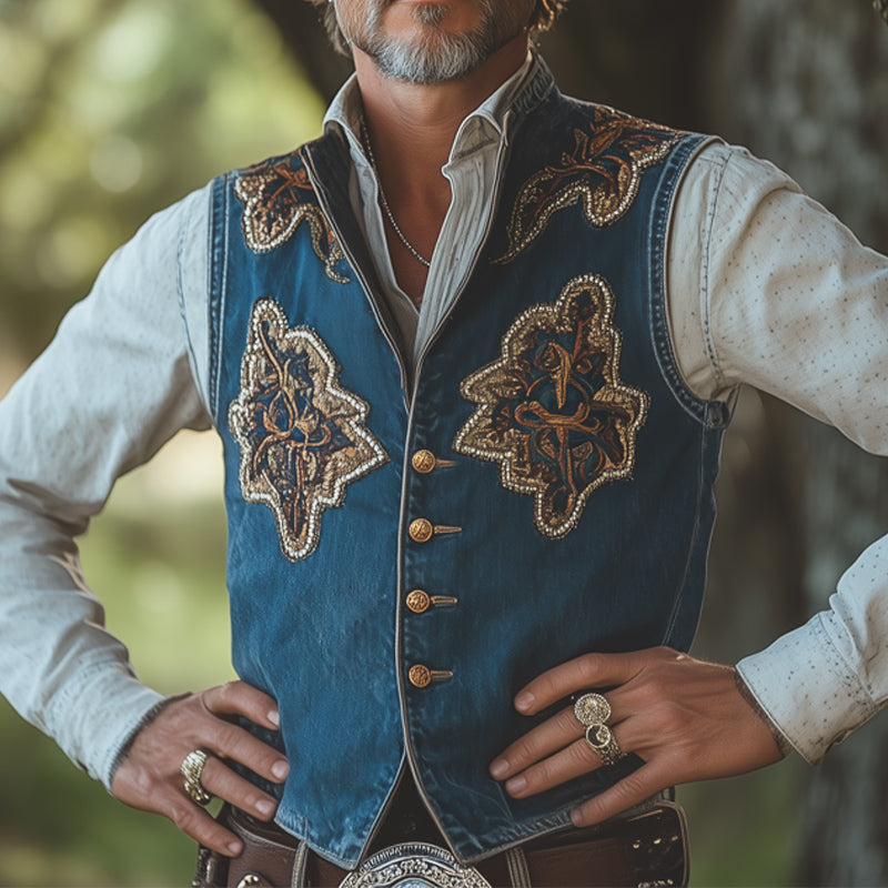 Men's Stand Collar Vintage Embroidery Single Breasted Denim Vest MTA2176E8U
