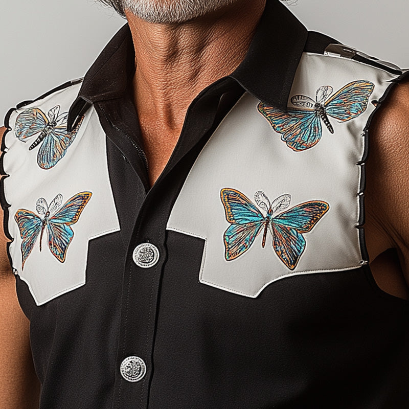 Men's Summer Western Cowboy Style Butterfly Embroidery Patchwork Sleeveless Shirt MTA1493E1P
