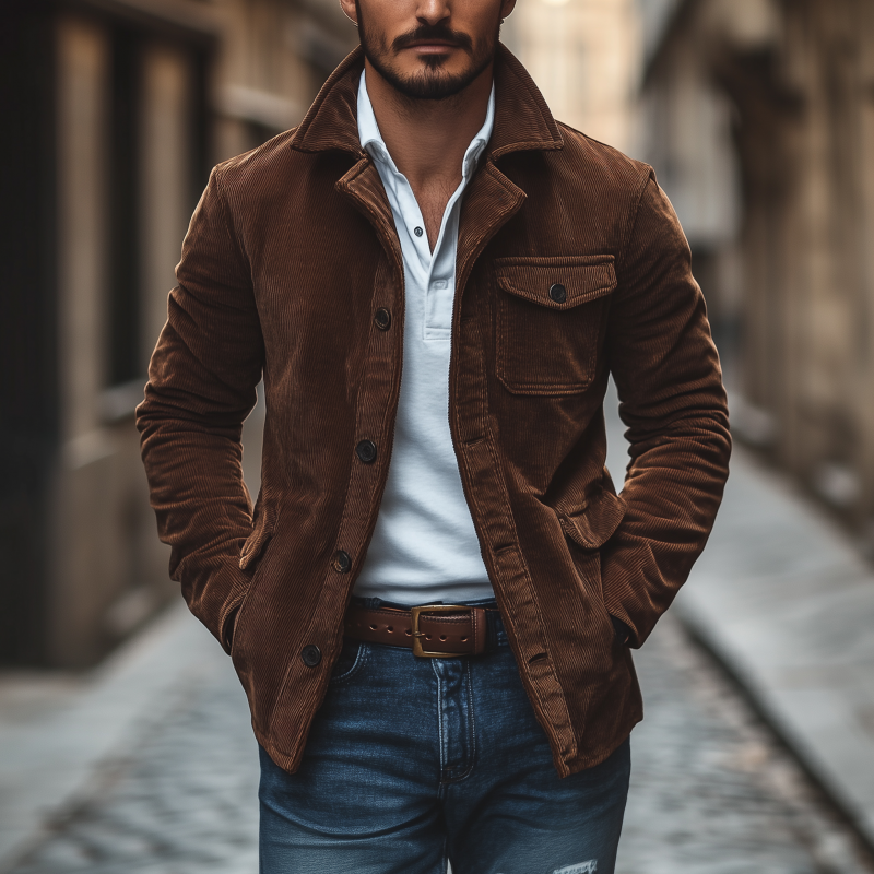Men's Vintage Solid Color Corduroy Lapel Single-breasted Loose Cargo Jacket MTA1804H6M