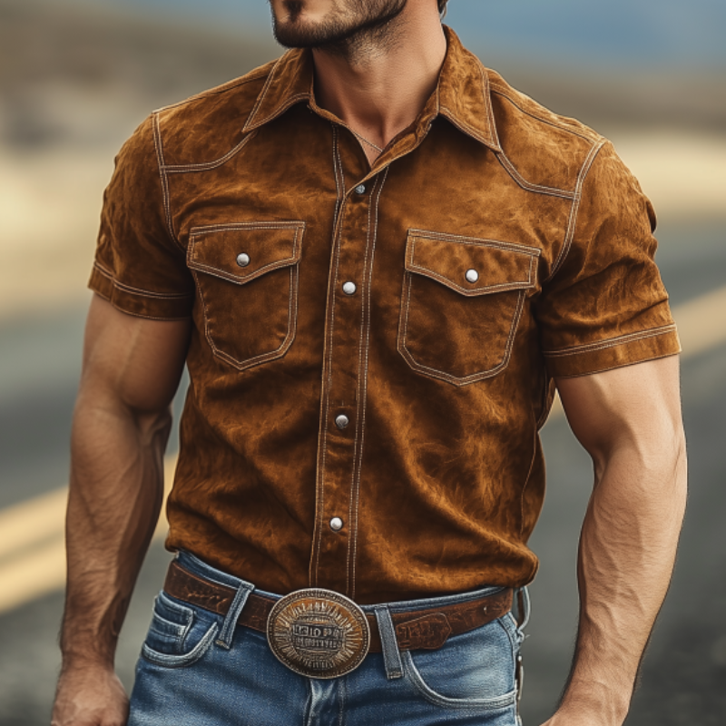 Men's Classic American Retro Western Suede Short Sleeve Shirt 41383783K