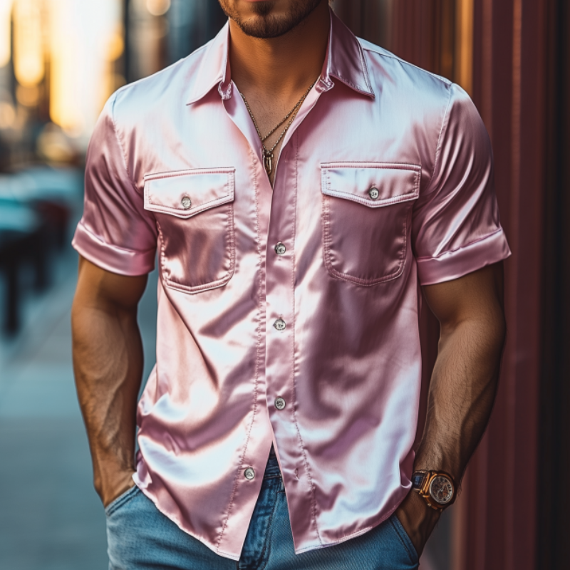 Men's Spring Fashion Casual Satin Shiny Fabric Short Sleeve Shirt 06753390K