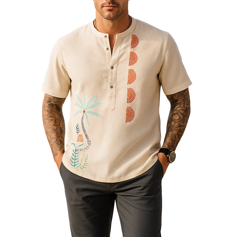 Men's Summer Fashion Embroidery Cotton Blend Short Sleeve Shirt MTA0594G0P