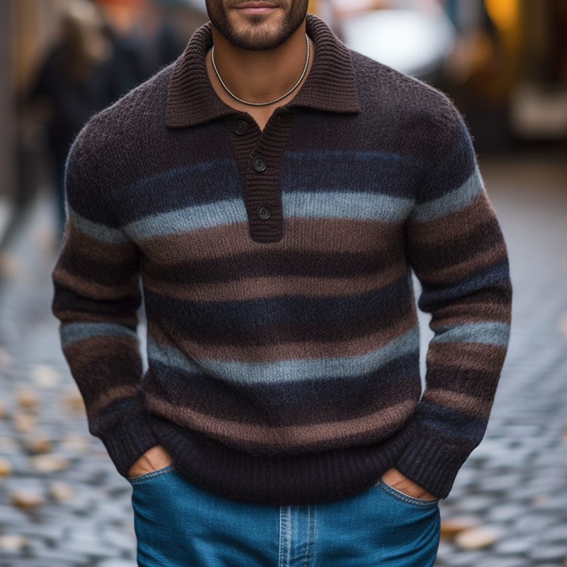 Men's Classic Color-blocked Striped Three-button Polo Collar Sweater MTA0658K3U
