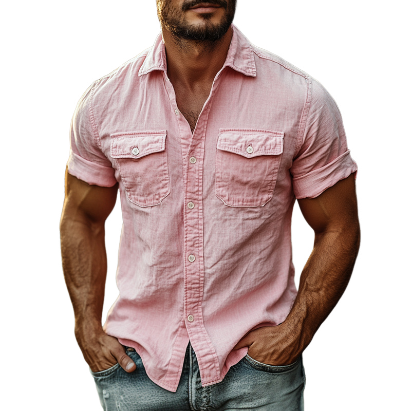 Men's Casual Pink Cotton and Linen Short-sleeved Shirt 30364009U