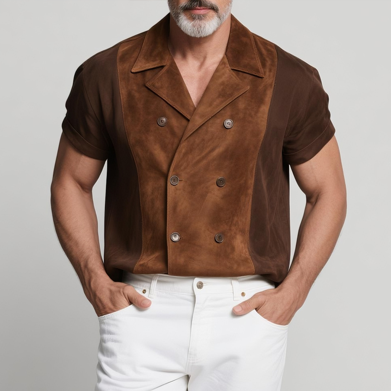 Men's Colorblock Faux Suede Lapel Short Sleeve Jacket MTA2802G2Z