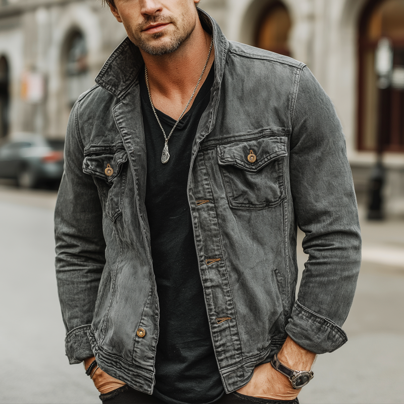 Men's Vintage Gray Distressed Button-up Lapel  Denim Jacket MTA3007K9U