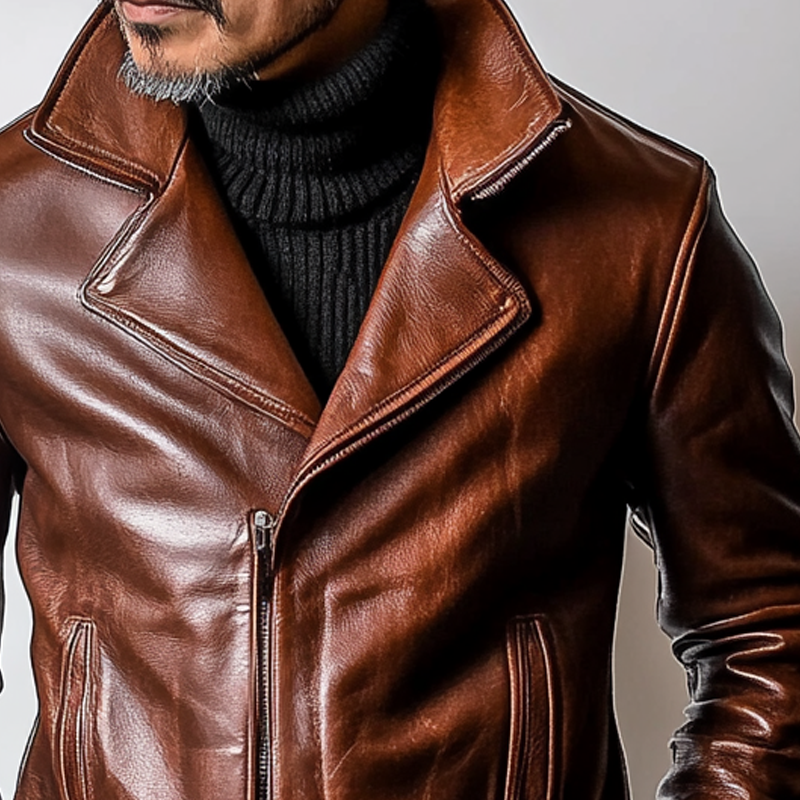 Men's Retro Solid Color Lapel Zipper PU Jacket MTA0455L1X