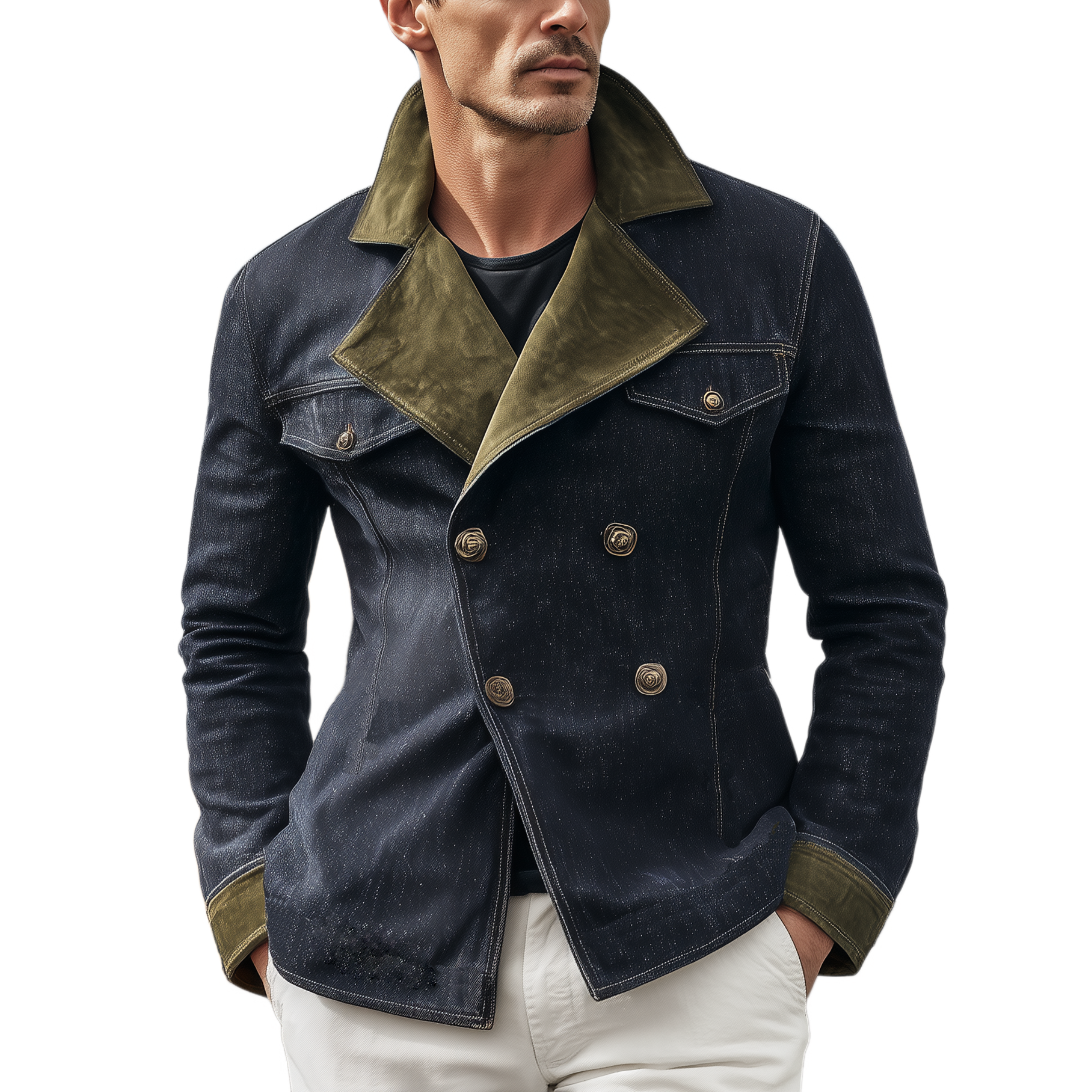 Men's Classic Western Vintage Suede Lapel Double Breasted Denim Jacket MTA0342I0K