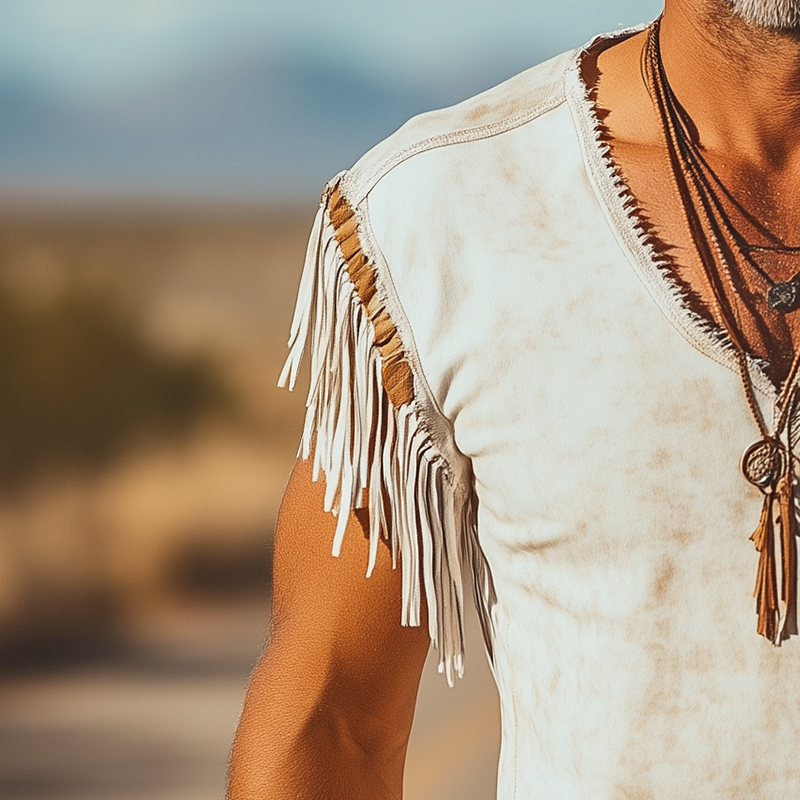 Men's Distressed Printed Tassel Polyester Blend Sleeveless T-Shirt MTA2924G9P