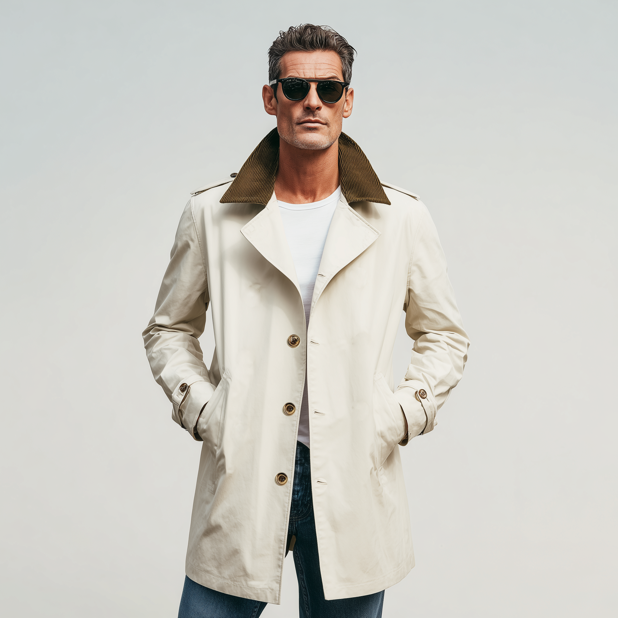 Men's Classic Casual Corduroy Lapel Single-breasted Twill Cotton Thigh-length Trench Coat MTA1346H1K