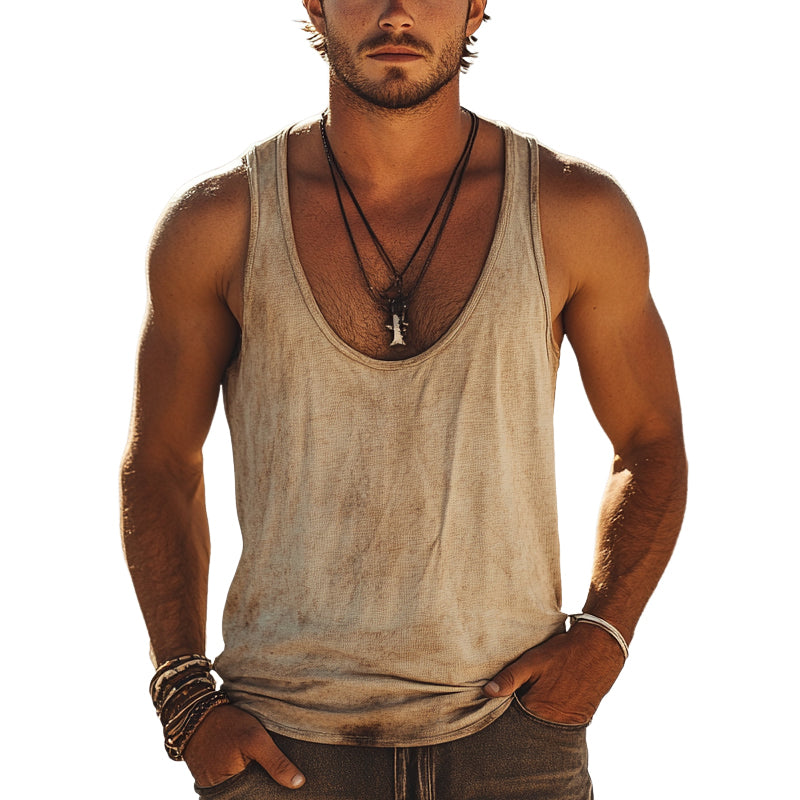 Men'S Vintage Distressed Printed Crew Neck Tank Tops MTA1086E1X