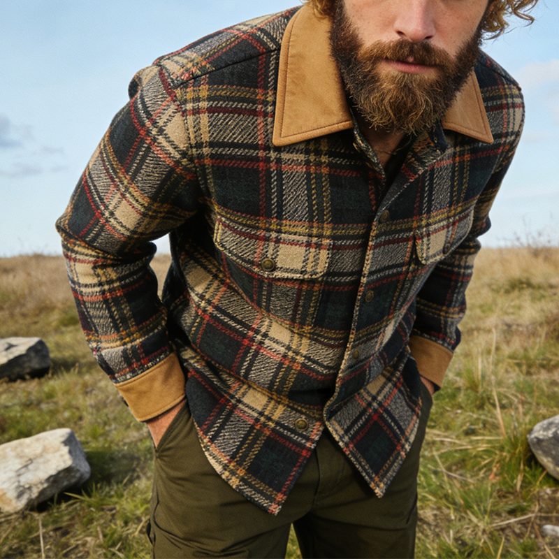 Men's Retro Casual Plaid Patchwork Lapel Button-Up Jacket MTA1238L1TO