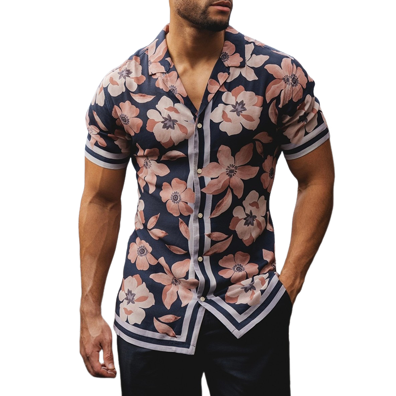 Herreskjorte med kortermet blomstertrykk i resort-stil MTA0796G0X