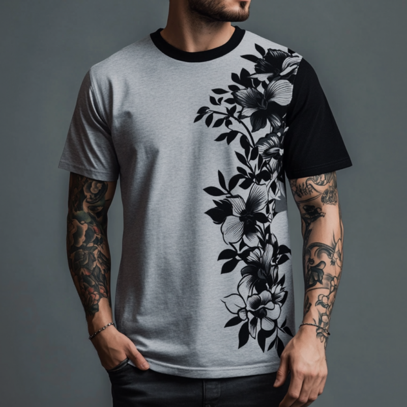 Men's Casual Contrast Color Flower Print Round Neck Loose Short Sleeve T-shirt MTA1596E9M