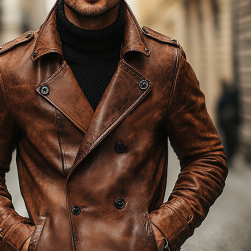 Men's Vintage Lapel Double Breasted PU Leather Jacket MTA2676I8X